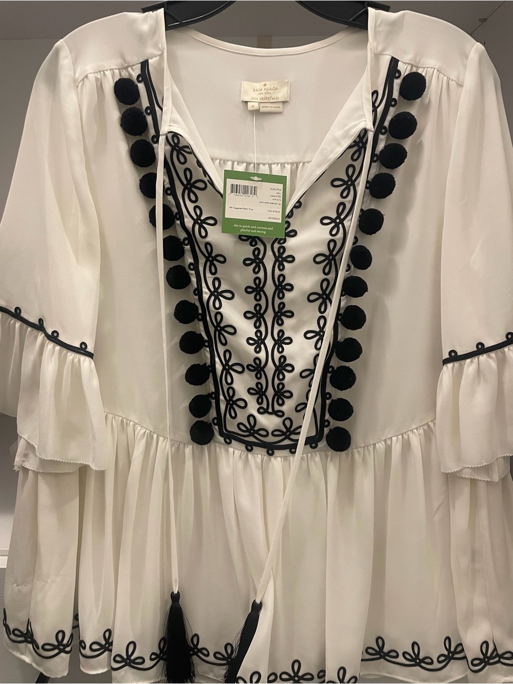 kate spade White Long-Sleeve Embroidered Peasant Dress with Black Trim
